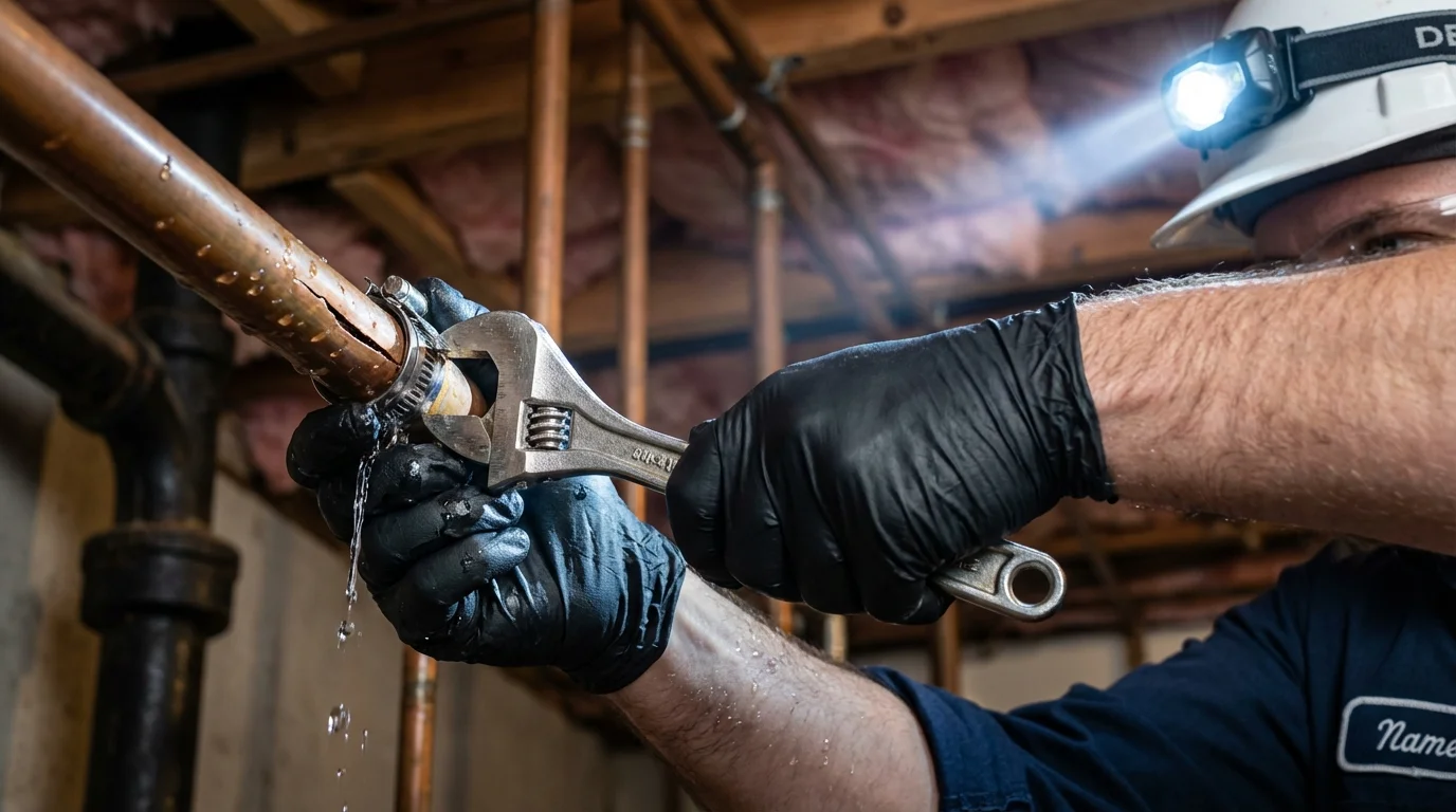 Emergency pipe clamp repair being performed by a Johns Plumbing LLC plumber in Belmond
