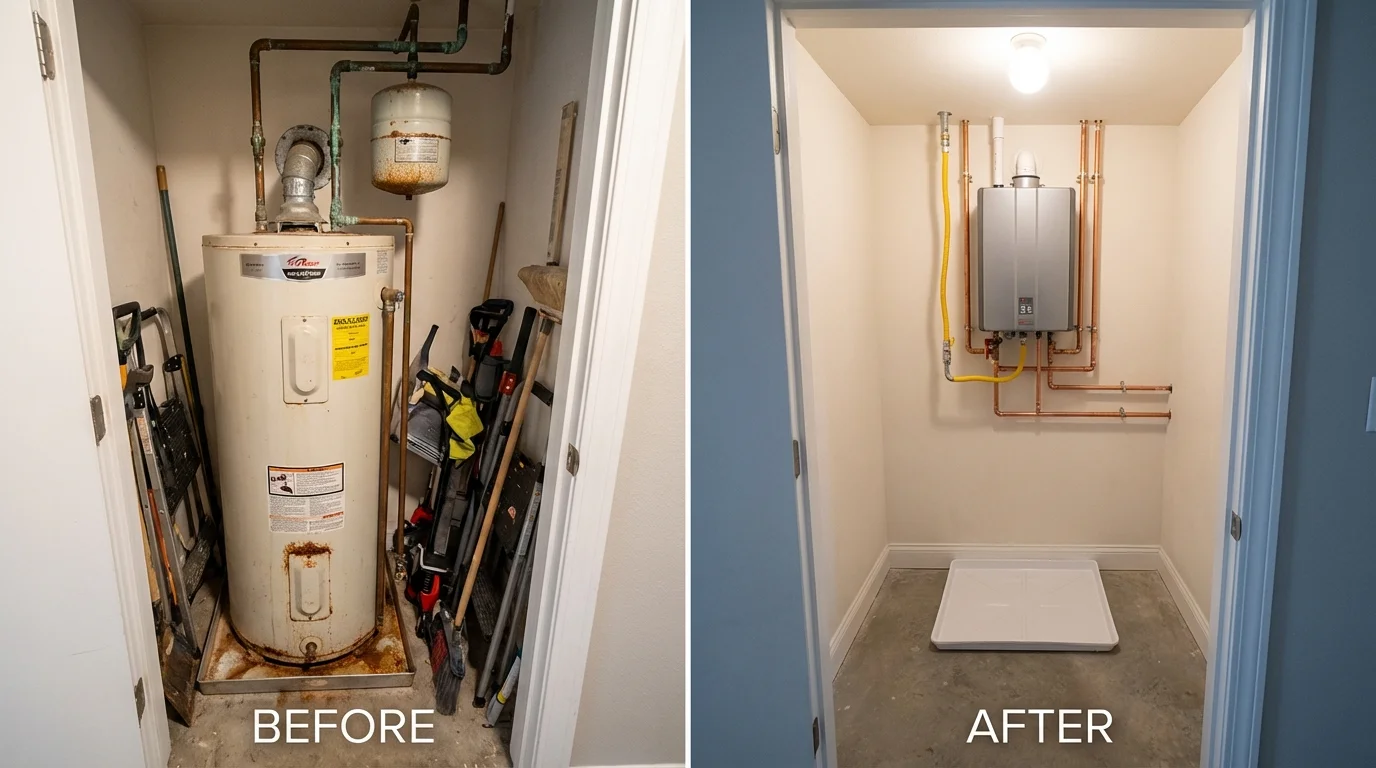 Tank water heater versus wall-mounted tankless unit comparison for Belmond, IA homeowners