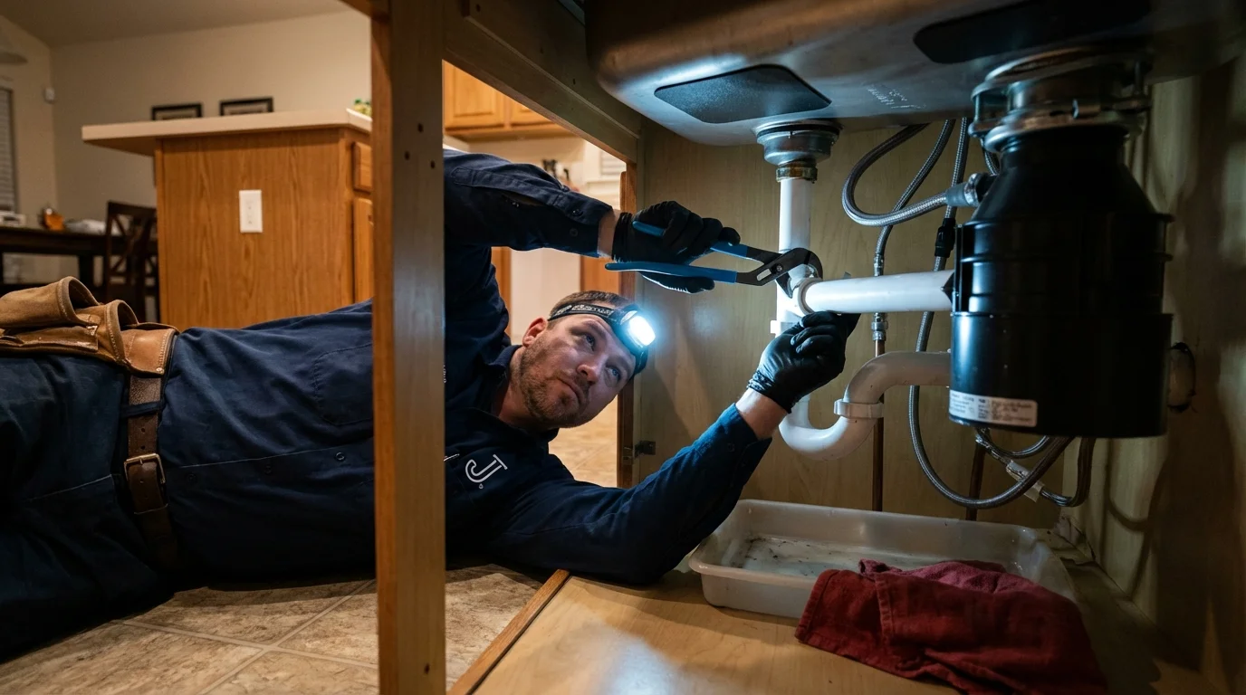 P-trap and supply line connections under a kitchen sink showing a common leak point in Belmond, IA